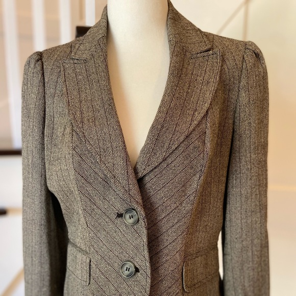 Wool Blend Fitted Brown Pinstripe Blazer - Picture 5 of 12